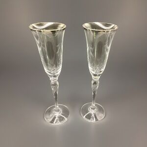 Pair of Vintage  Crystal Champagne Flutes w/Silver Rim‎ and Twisted Stem-9" Tall